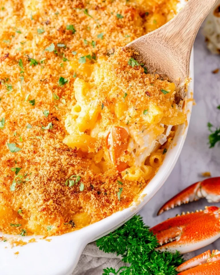 Delicious Crab Macaroni and Cheese garnished with herbs in a creamy sauce