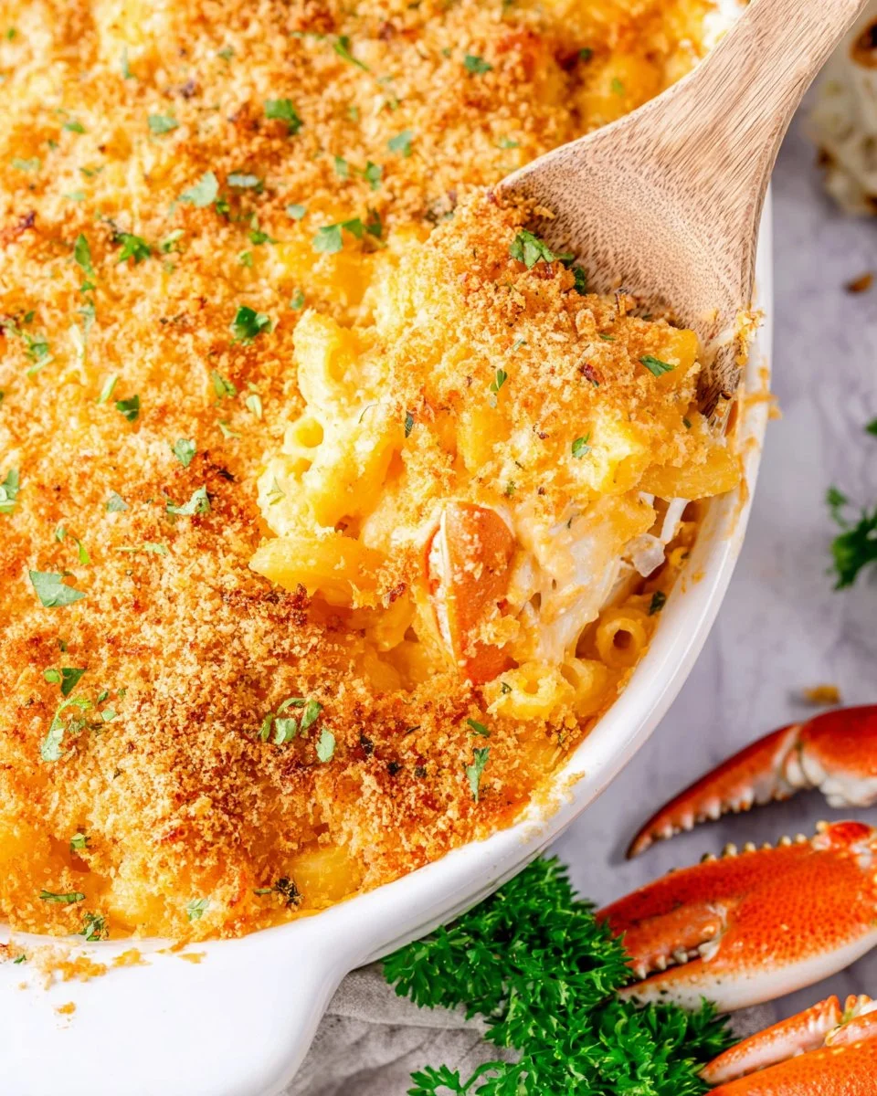 Delicious Crab Macaroni and Cheese garnished with herbs in a creamy sauce