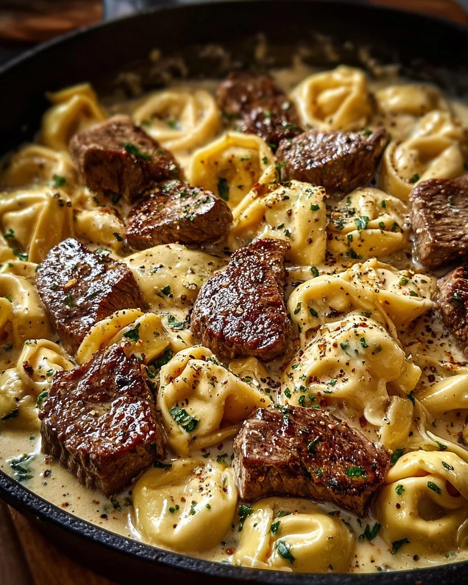 Cracked garlic steak tortellini in creamy sauce served on a plate