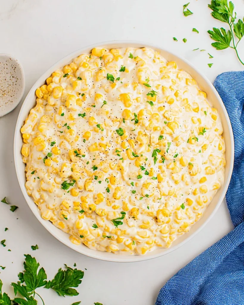 Delicious dish of homemade creamed corn served in a bowl.