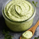 Creamy avocado cilantro sauce served in a bowl with fresh cilantro garnish.