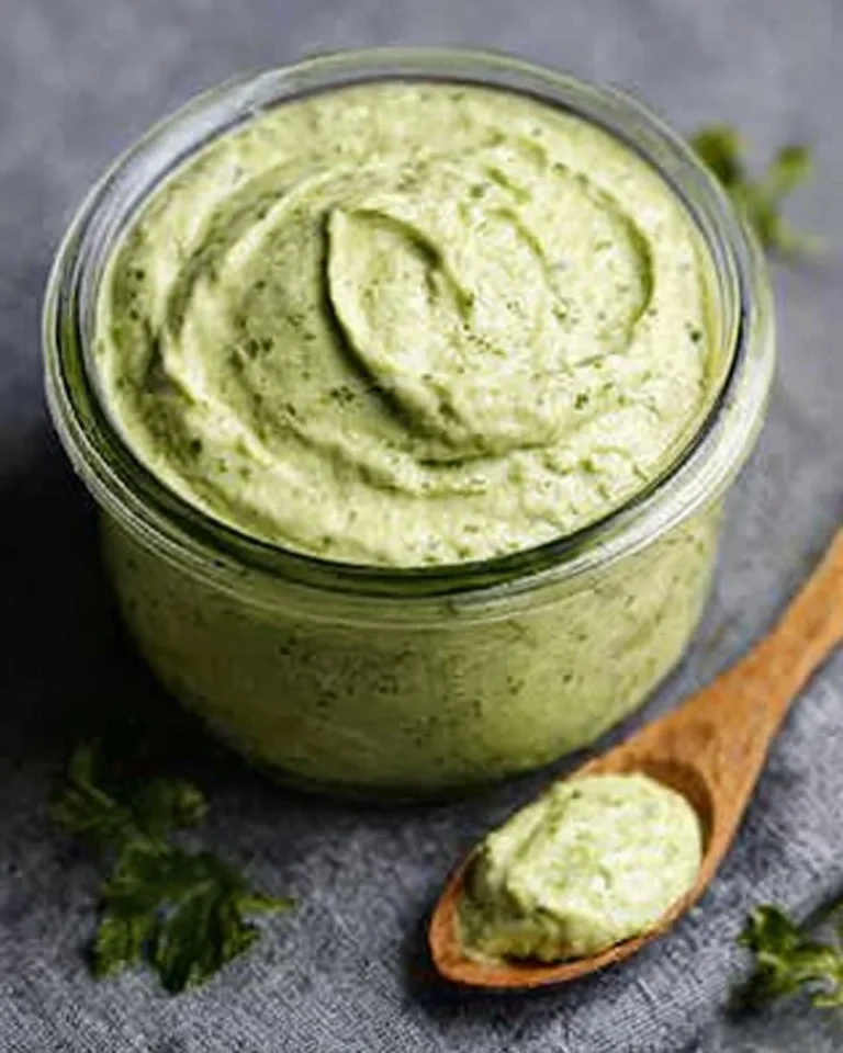 Creamy avocado cilantro sauce served in a bowl with fresh cilantro garnish.