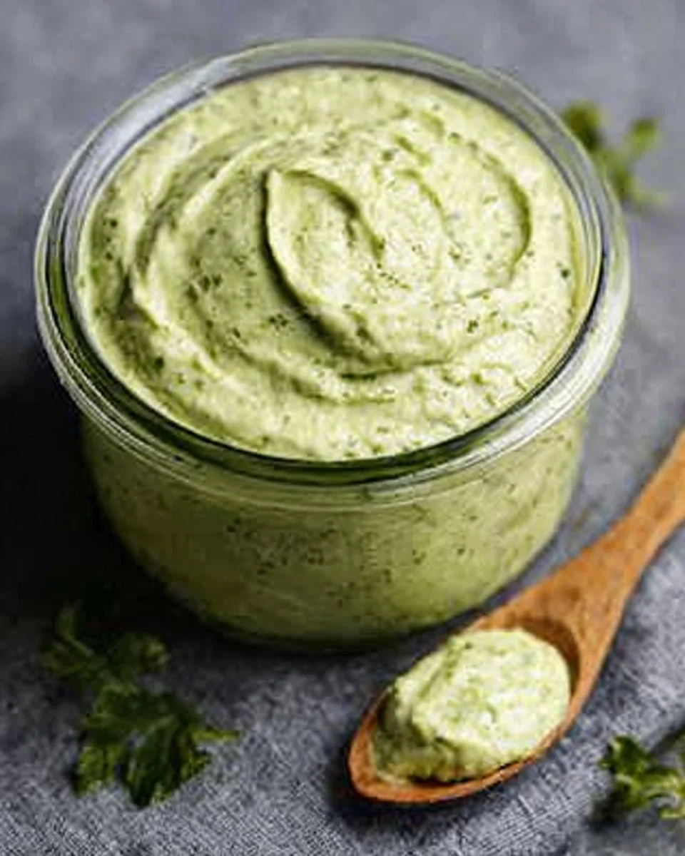 Creamy avocado cilantro sauce served in a bowl with fresh cilantro garnish.