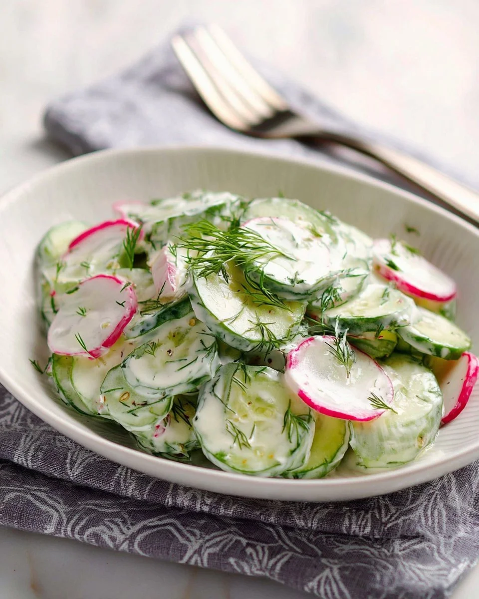 Creamy crunchy cucumber salad served in a bowl with fresh herbs
