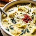 Bowl of creamy lemony Tuscan artichoke soup garnished with herbs