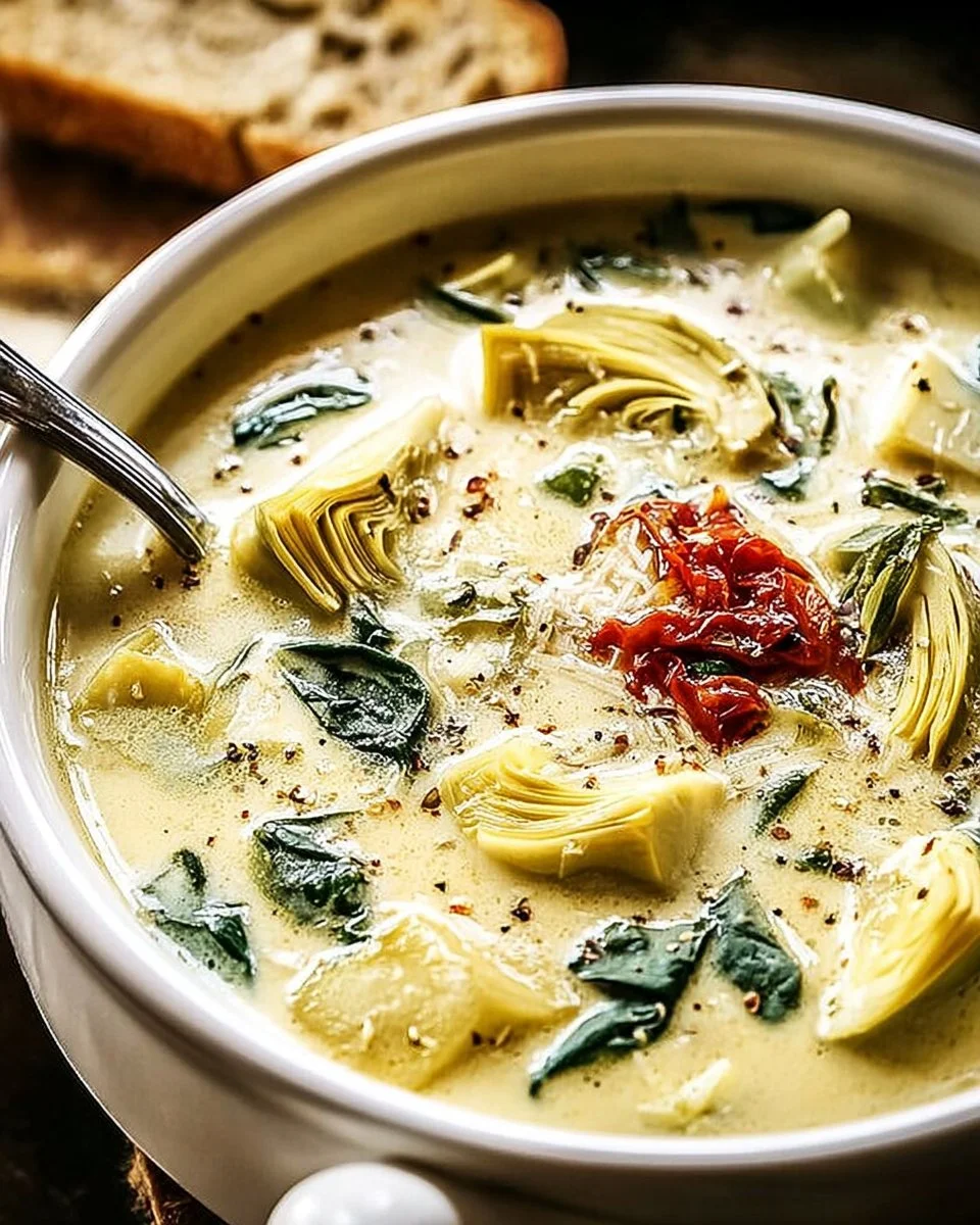 Bowl of creamy lemony Tuscan artichoke soup garnished with herbs