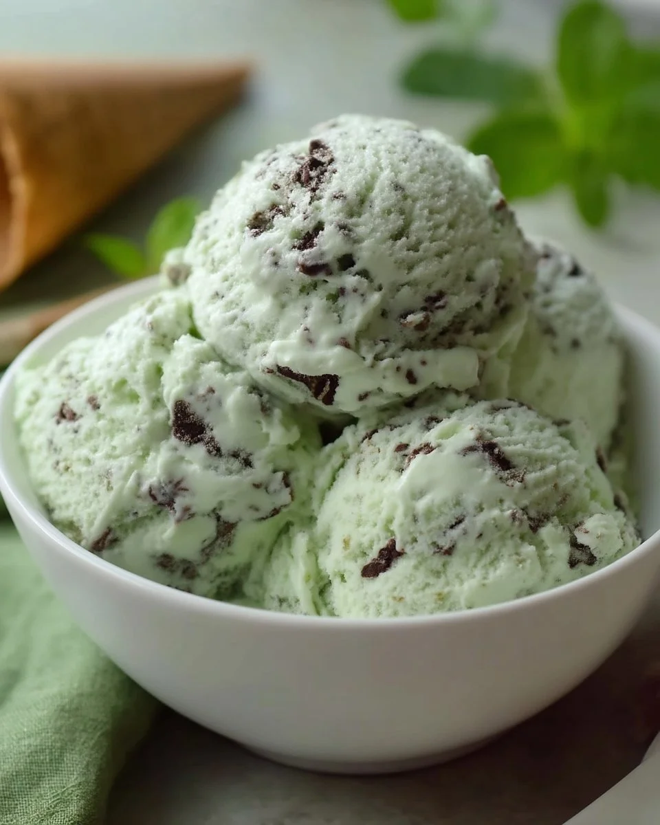 Delicious homemade creamy mint chocolate chip ice cream in a bowl
