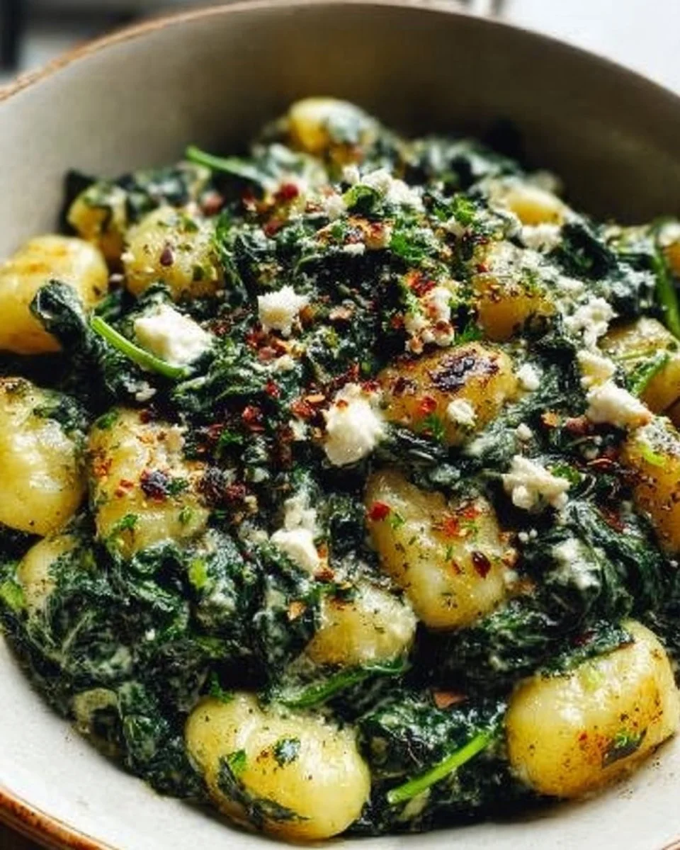 Creamy spinach feta gnocchi served in a white bowl with fresh herbs