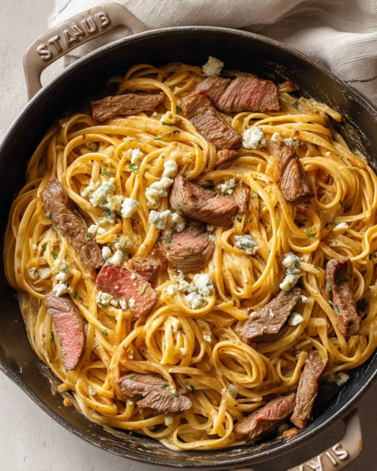 Creamy steak pasta served in a bowl with herbs and garnishes