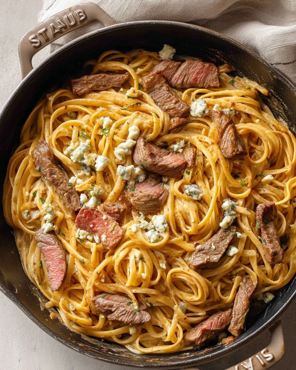 Creamy steak pasta served in a bowl with herbs and garnishes