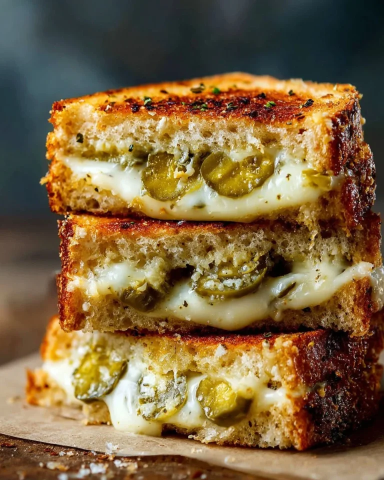 Crispy dill pickle grilled cheese sandwich with melted cheese and tangy pickles.