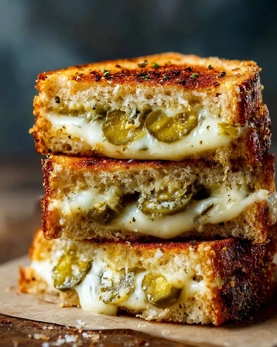 Crispy dill pickle grilled cheese sandwich with melted cheese and tangy pickles.