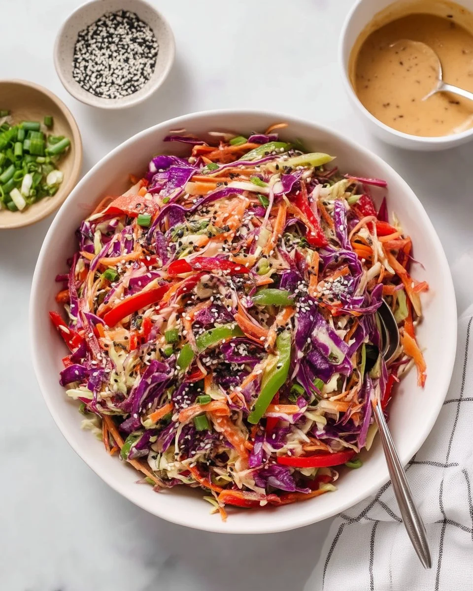 Bowl of crunchy Asian slaw with colorful vegetables and dressing