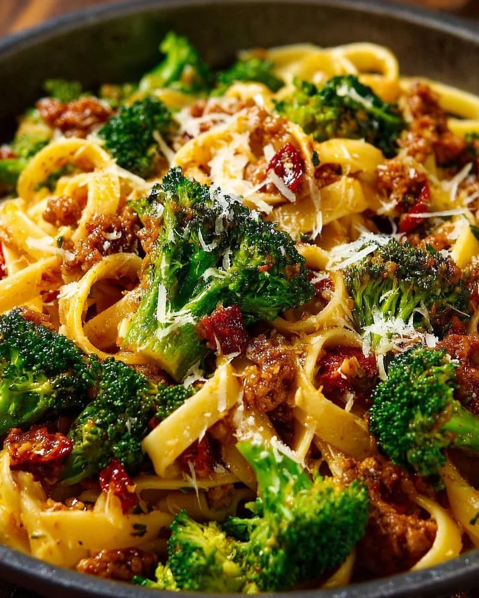 A bowl of delicious broccoli chorizo pasta garnished with fresh herbs.
