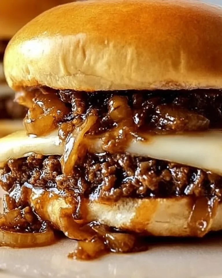 French onion beef sloppy joes served on a plate with melted cheese and onions