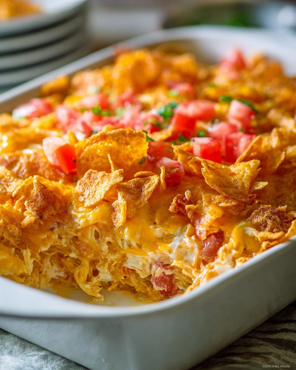 Delicious Doritos Chicken Casserole topped with crunchy Doritos