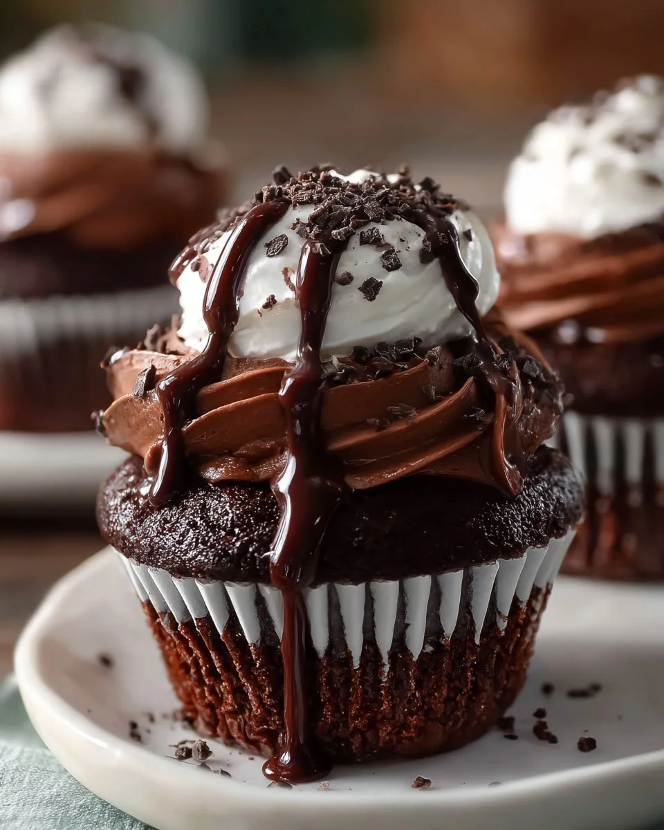 Delicious dreamy chocolate cupcakes topped with chocolate frosting