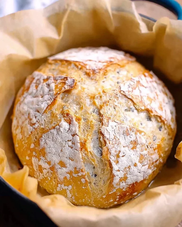 Homemade Dutch Oven No Knead Crusty Bread with golden crust