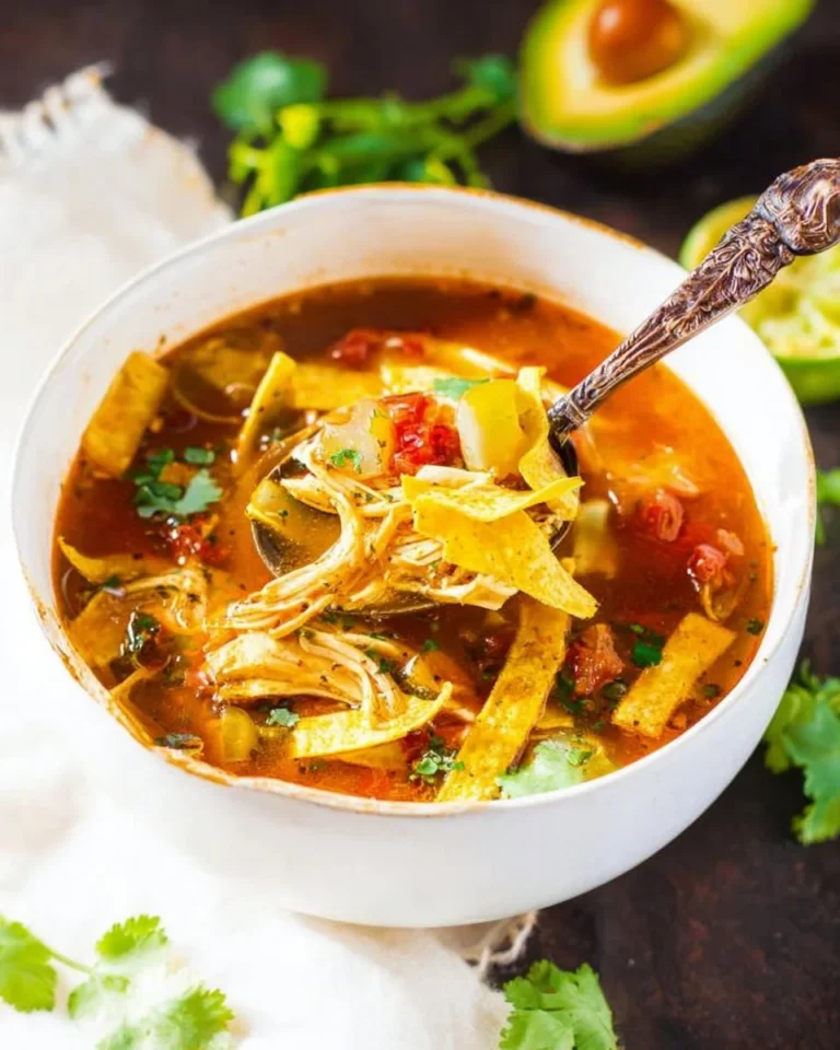 Bowl of easy homemade chicken tortilla soup garnished with tortilla strips and cilantro