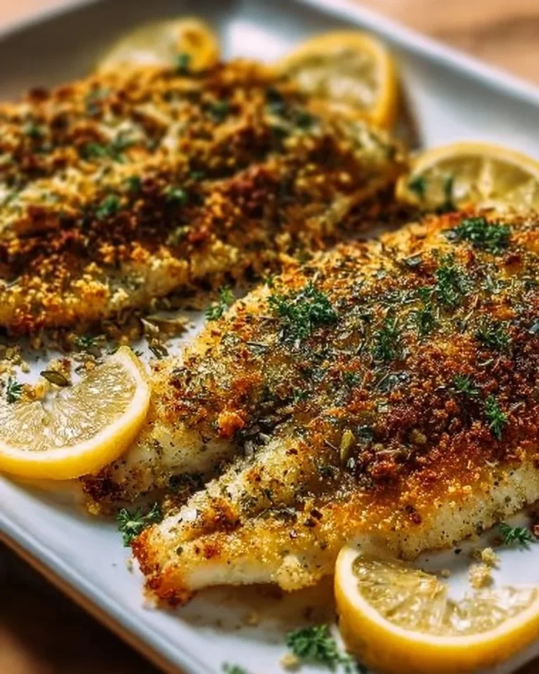 Plated Easy Baked Flounder Oreganata garnished with herbs