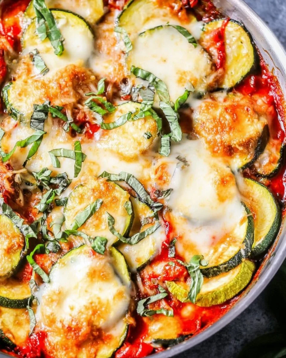 Easy baked zucchini parmesan skillet served with fresh herbs
