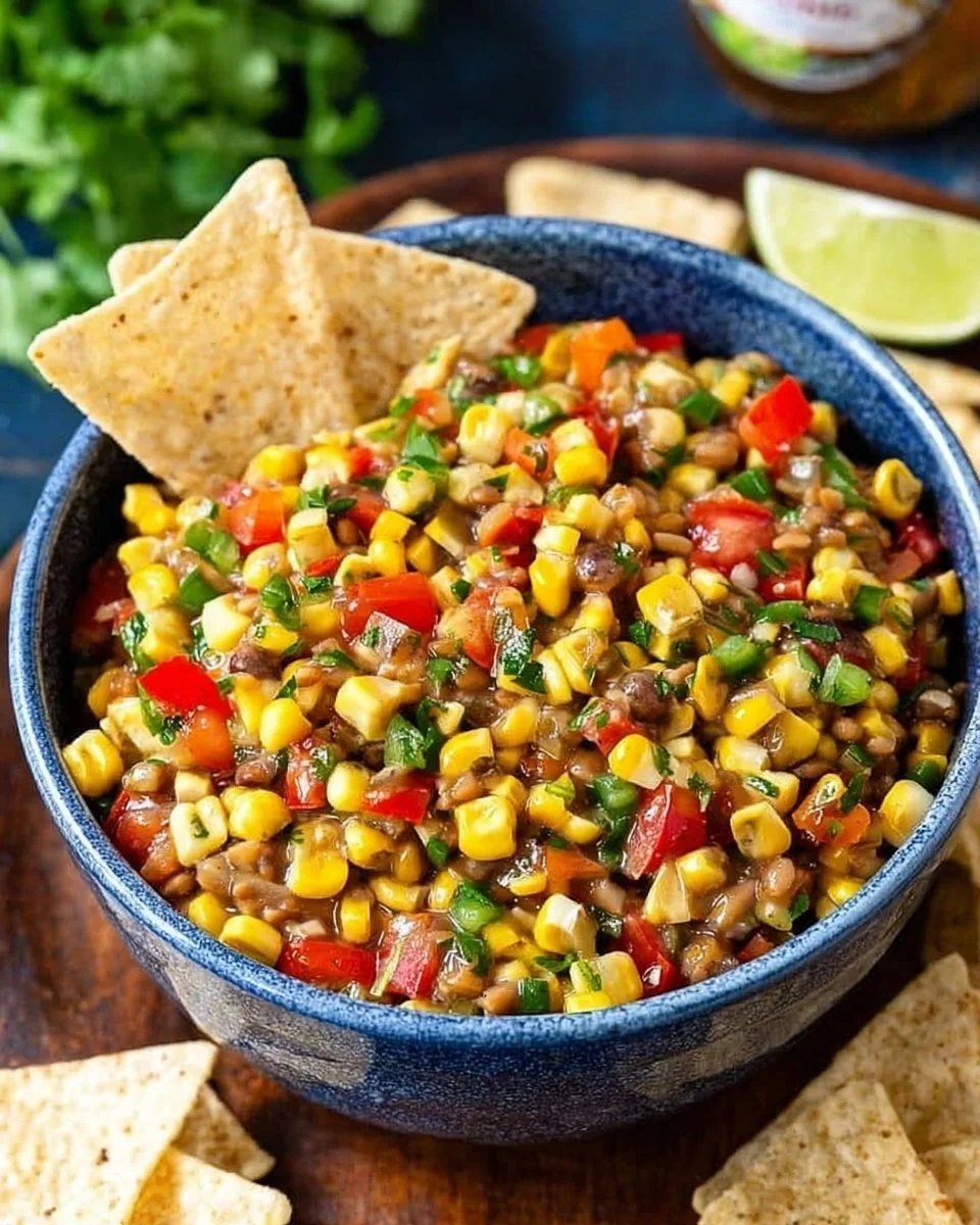 A colorful bowl of easy bean corn salsa dip with fresh ingredients