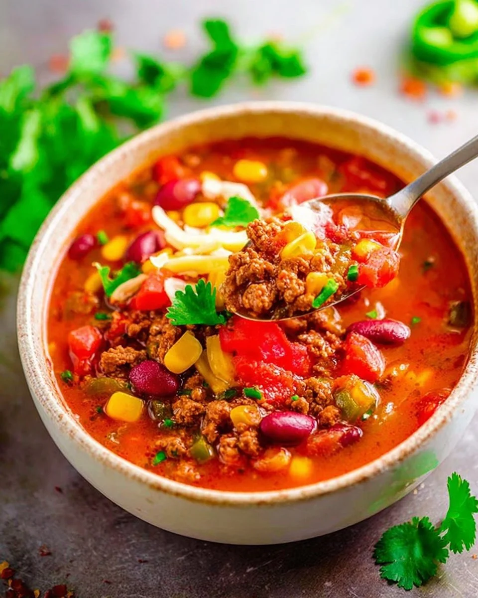 Easy beef taco chili served in a bowl with toppings like cheese and cilantro