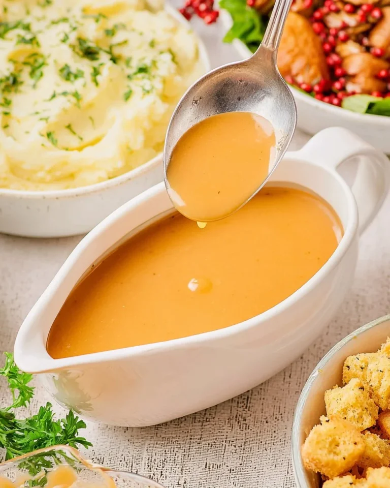 Easy chicken broth gravy recipe served over roasted chicken and mashed potatoes.