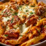Easy chicken parmesan pasta bake dish topped with cheese and herbs