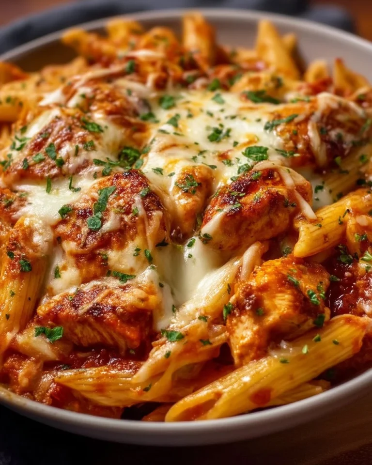Easy chicken parmesan pasta bake dish topped with cheese and herbs