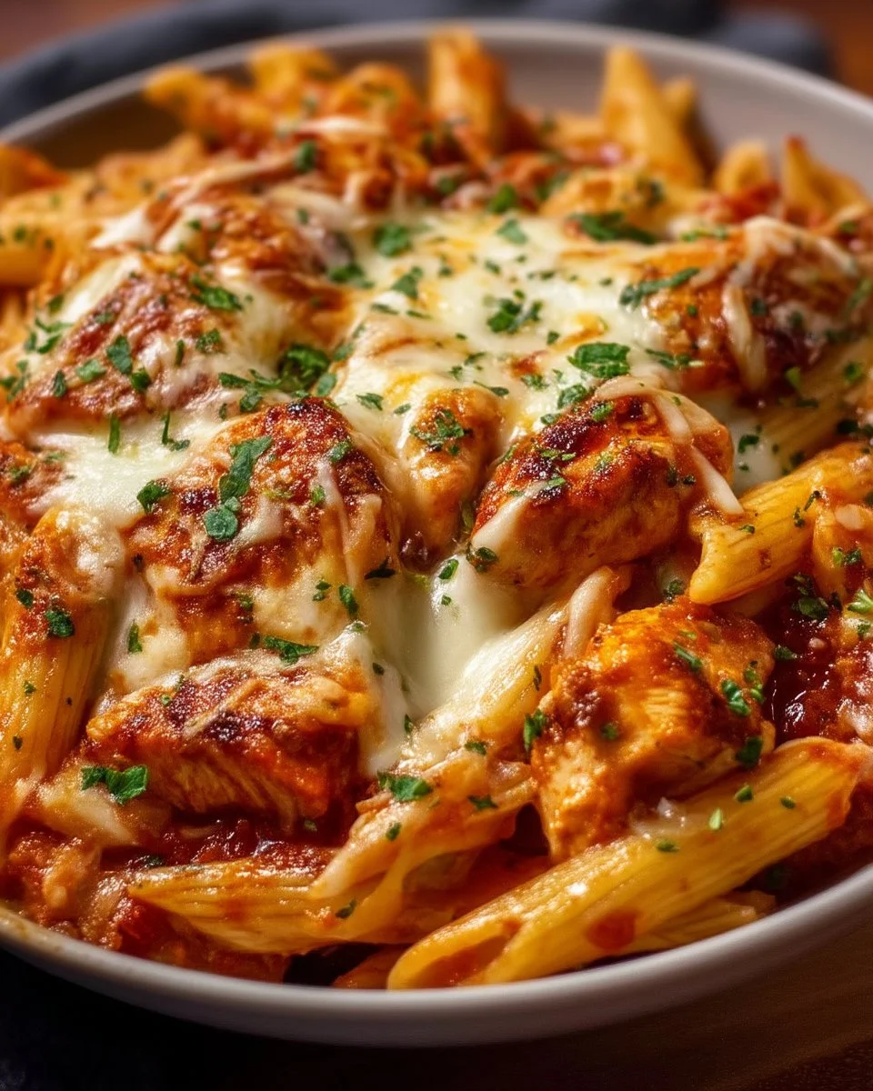 Easy chicken parmesan pasta bake dish topped with cheese and herbs