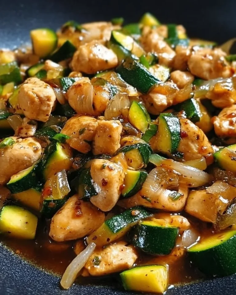 Easy chicken zucchini stir fry with colorful vegetables in a skillet