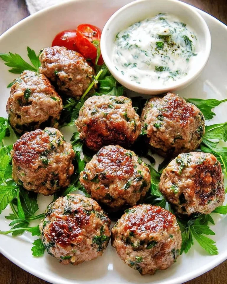 Plate of easy Mediterranean lamb meatballs garnished with herbs