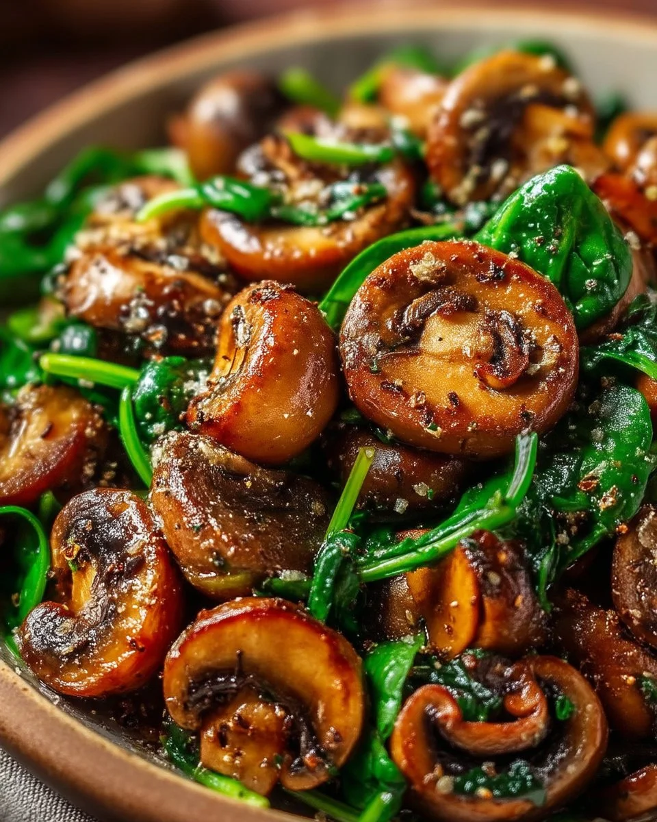 Delicious plate of sautéed mushrooms with fresh spinach