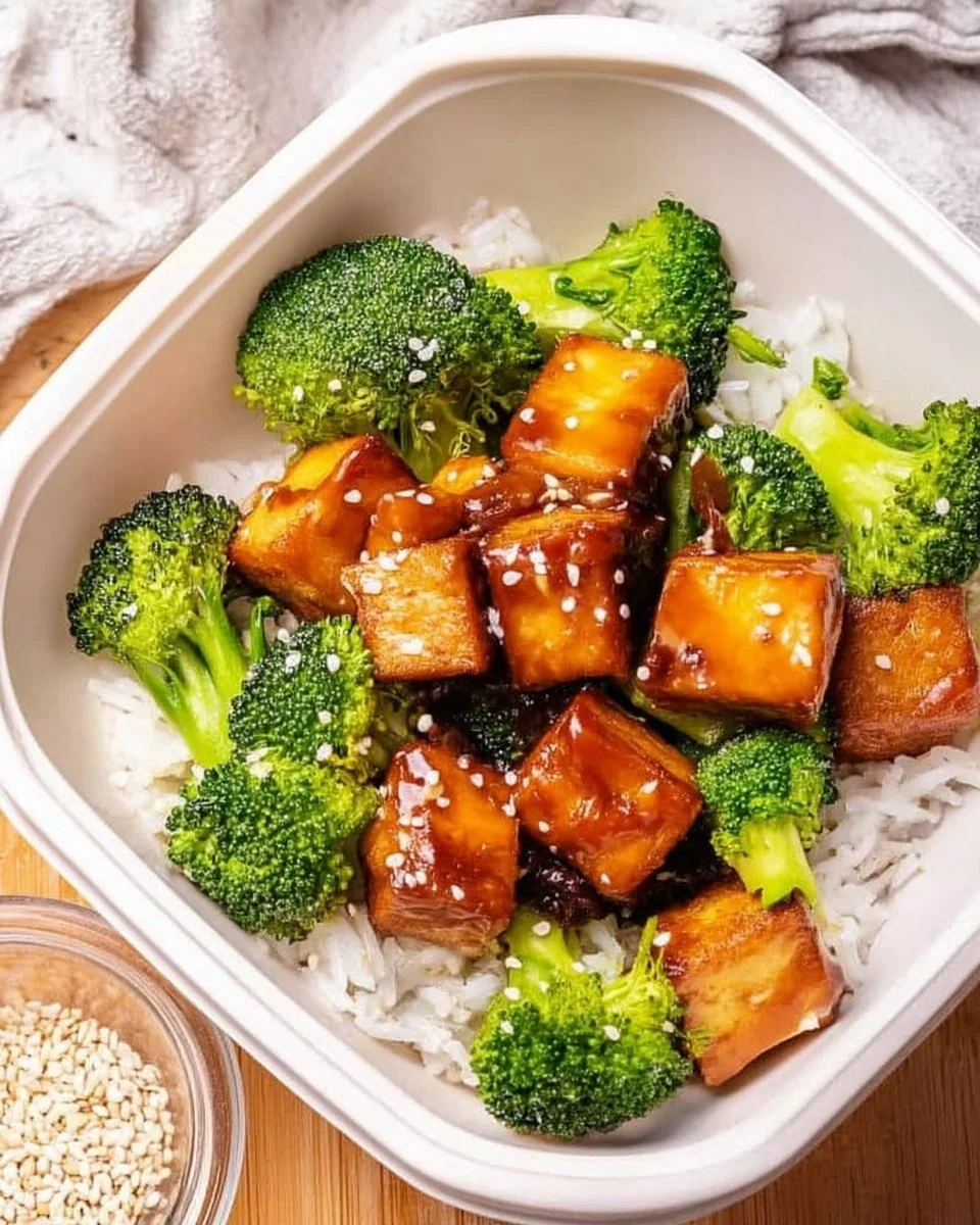 Delicious easy teriyaki tofu dish garnished with green onions and sesame seeds