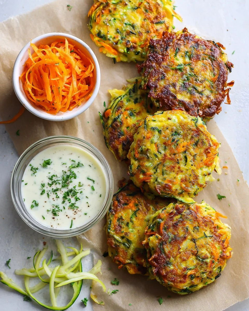 Plate of crispy zucchini fritters garnished with herbs
