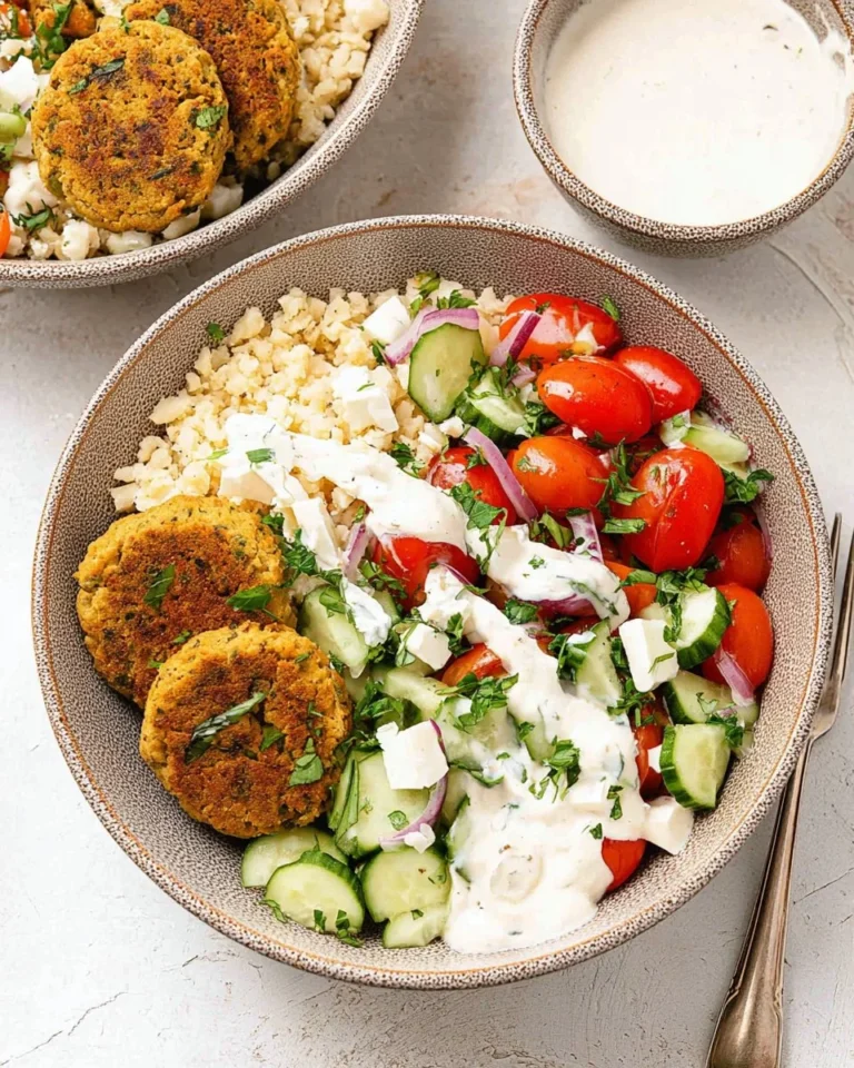 Colorful falafel bowls filled with fresh vegetables and flavorful sauces.