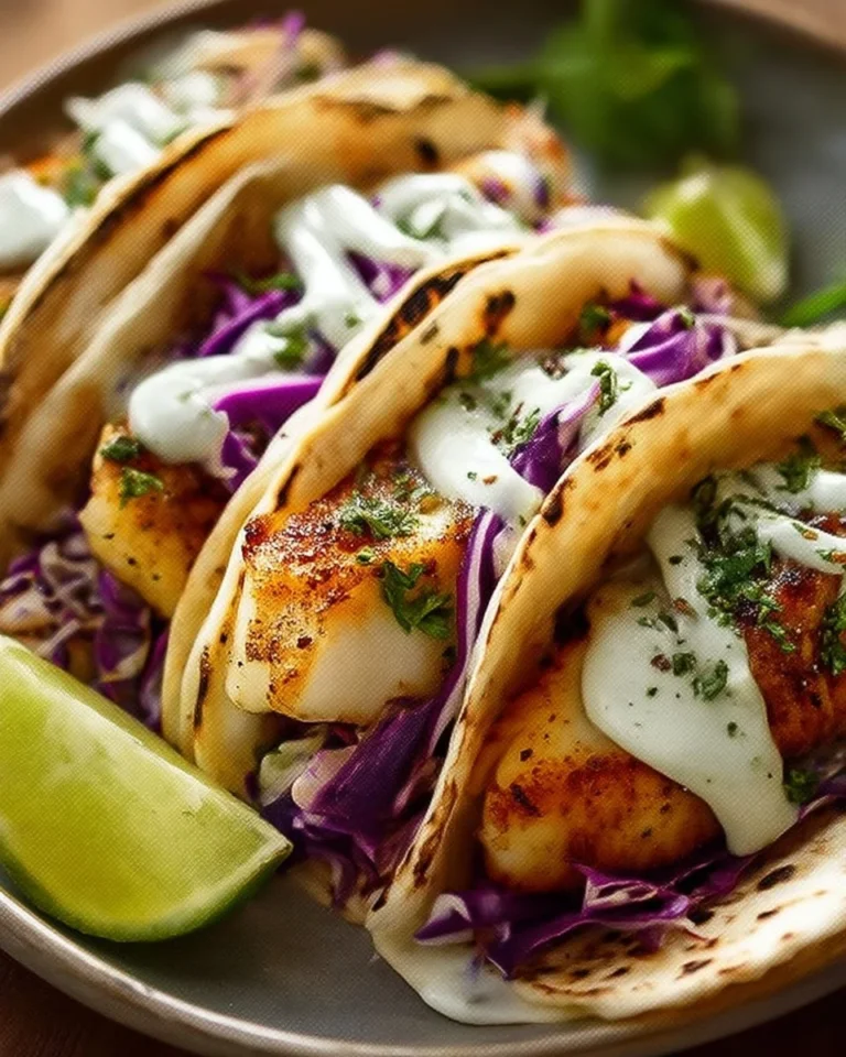 Delicious fish tacos served with tangy lime crema on a plate