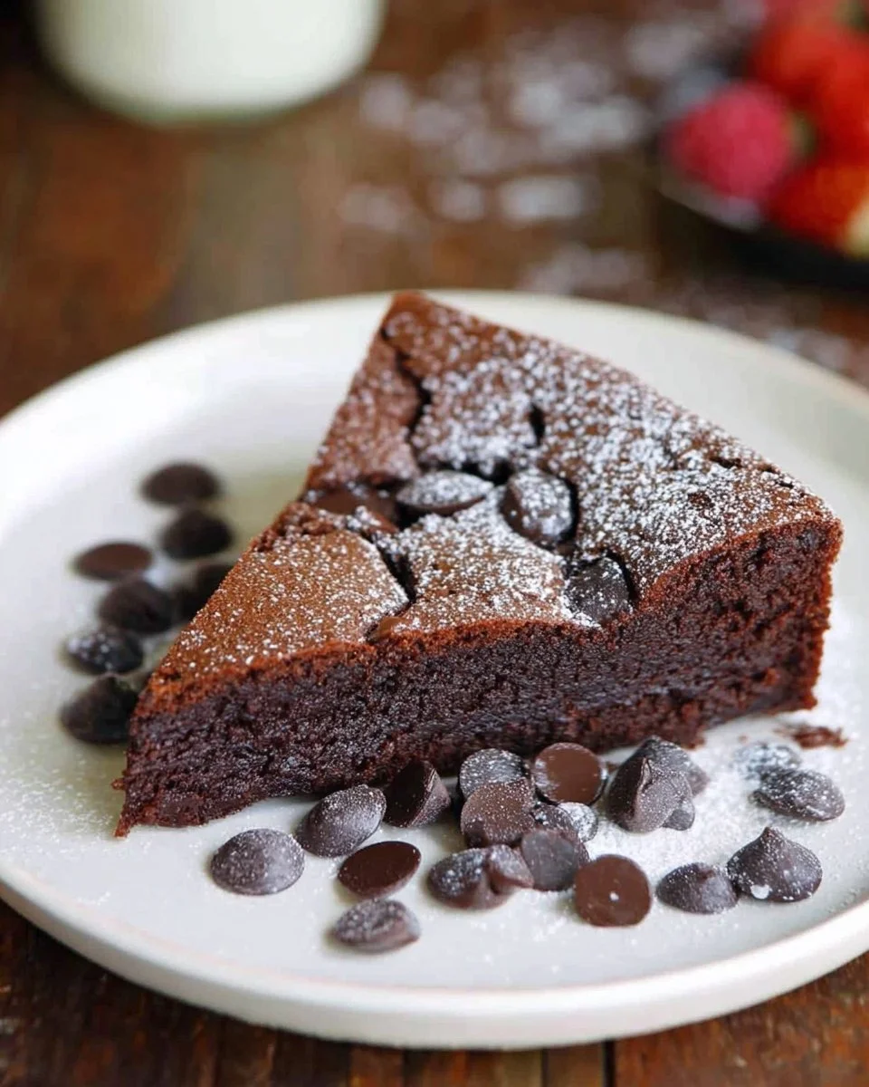 Delicious flourless chocolate cake topped with chocolate ganache