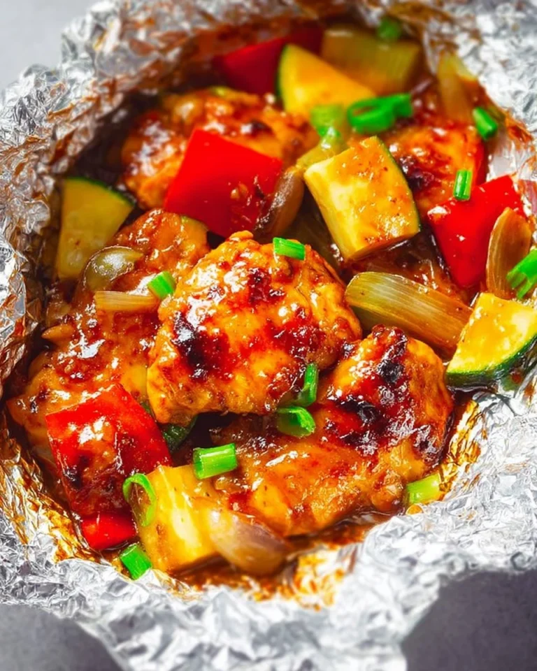 Delicious foil pack barbecue chicken ready for grilling on a sunny day.