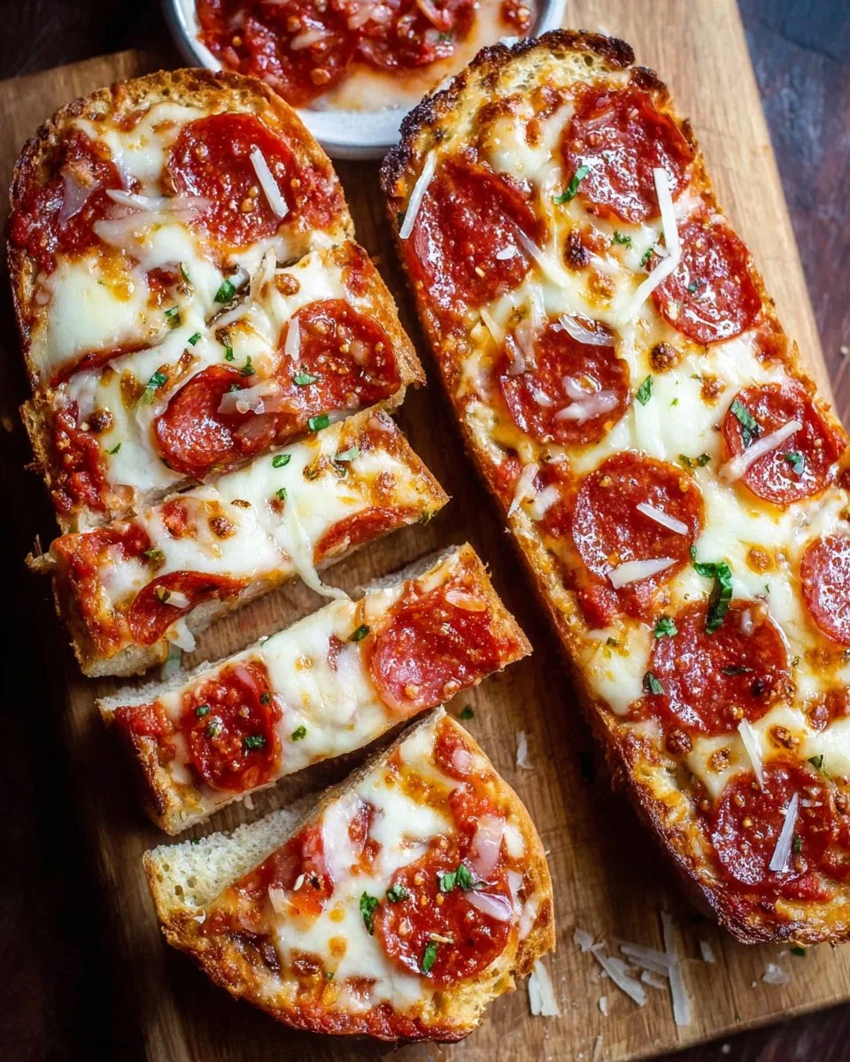 Delicious homemade French Bread Pizzas topped with cheese and toppings