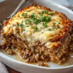 Delicious French Onion Casserole with ground beef and rice served in a dish.