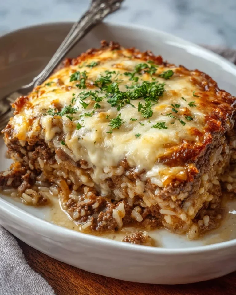 Delicious French Onion Casserole with ground beef and rice served in a dish.