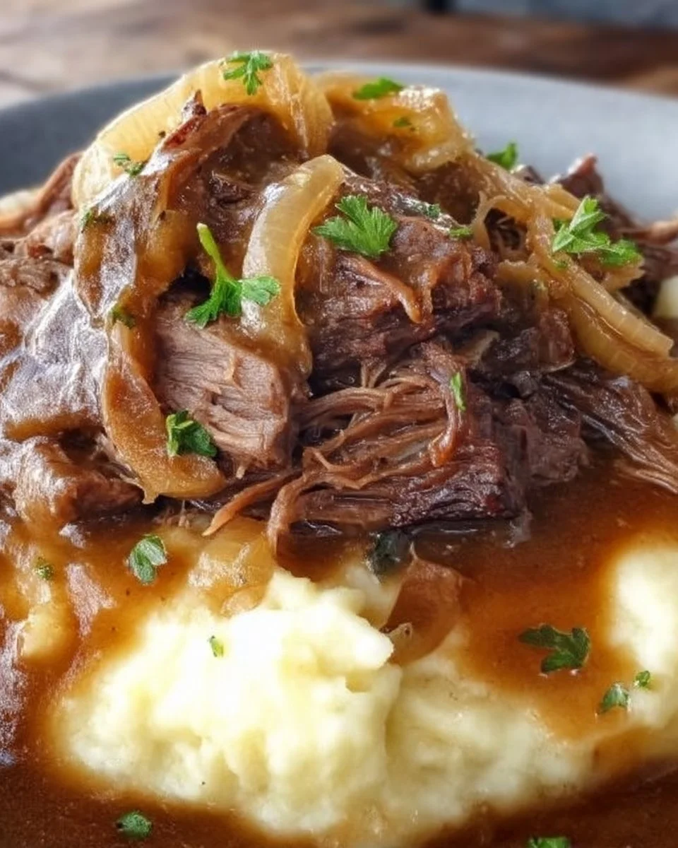 Delicious French Onion Pot Roast served with caramelized onions and herbs