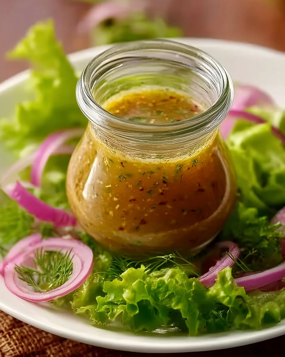 Fresh dill red onion dressing served over a vibrant salad