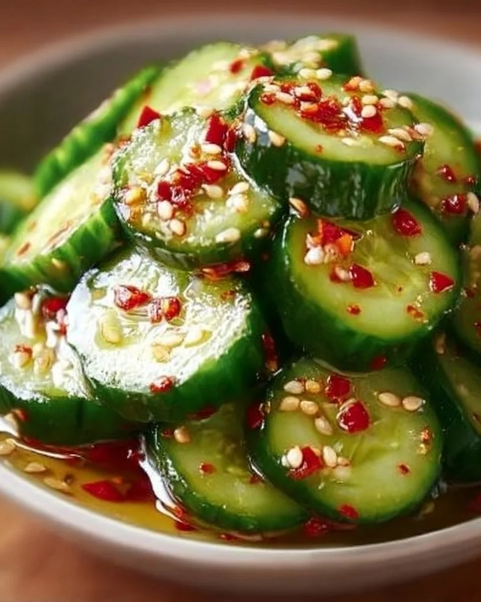 Fresh Din Tai Fung cucumber salad showcasing vibrant green cucumbers and herbs.
