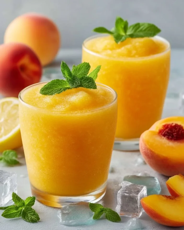 Refreshing Frozen Peach Lemonade served in a glass with ice and a peach slice