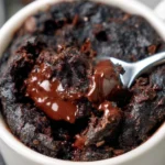 Delicious fudgy mug brownie served in a mug with chocolate drizzle