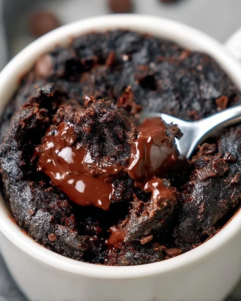Delicious fudgy mug brownie served in a mug with chocolate drizzle