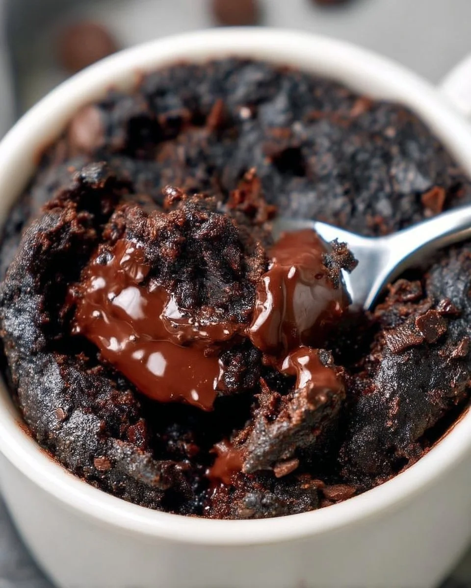 Delicious fudgy mug brownie served in a mug with chocolate drizzle